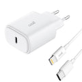 Carregador de Rede Rápido Universal (PD) Tipo-C 25W Branco + Cabo Tipo-C para Lightning