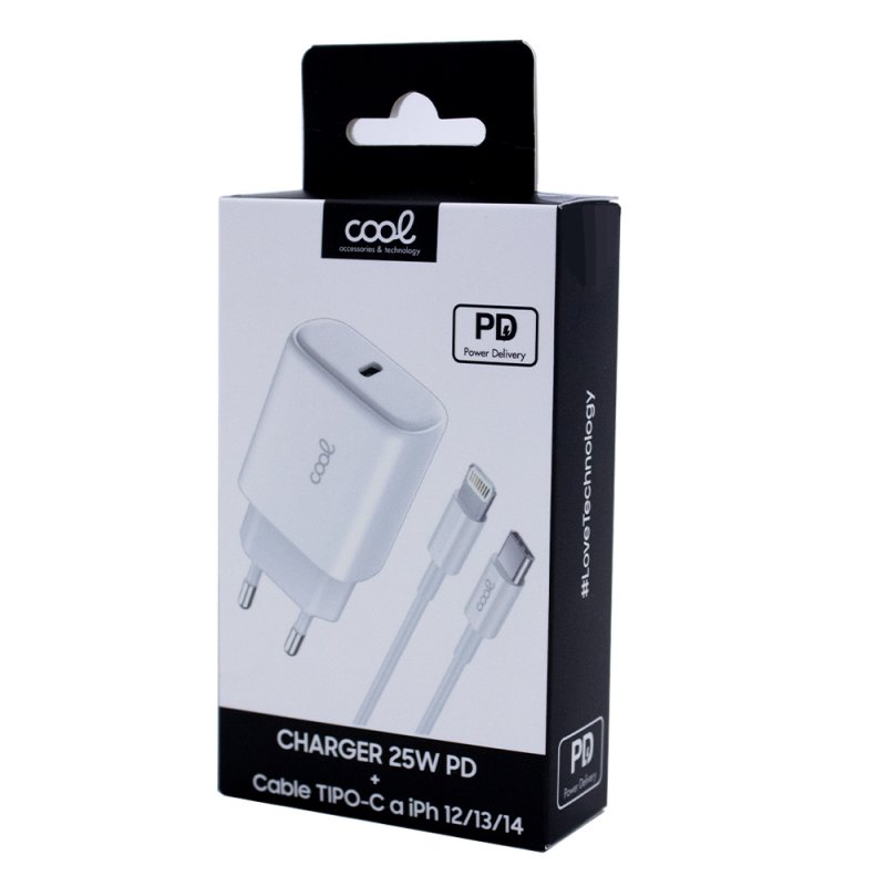 Carregador de Rede Rápido Universal (PD) Tipo-C 25W Branco + Cabo Tipo-C para Lightning